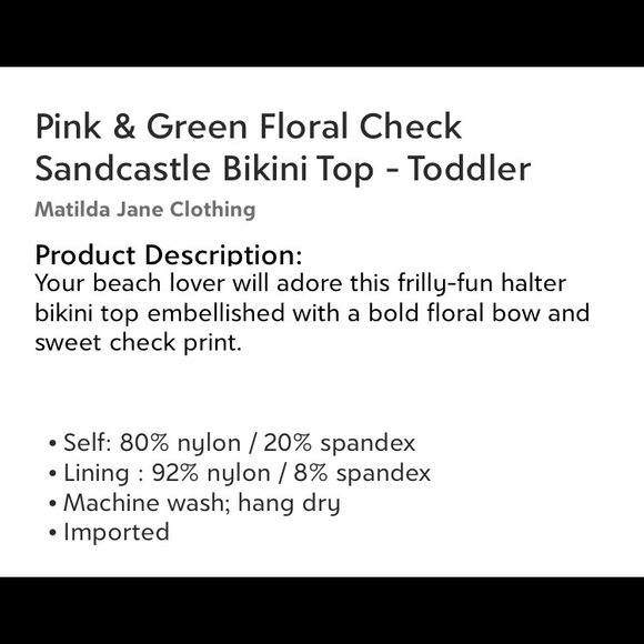NWT Matilda Jane Pink and Green Floral Check Sandcastle Bikini Top- Todd… - Picture 4 of 6